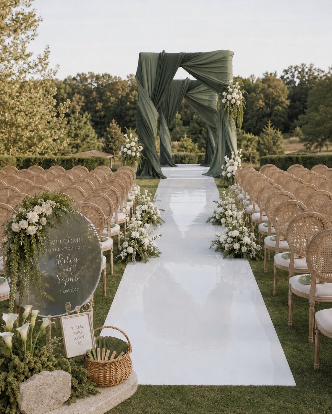 Concept visual of a sage-draped ceremony aisle with cane chairs, Bon Paradise wedding design concept