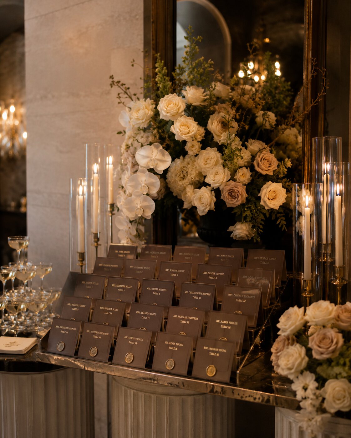 Concept visual: escort card display with roses and candlelight, Bon Paradise wedding design concept