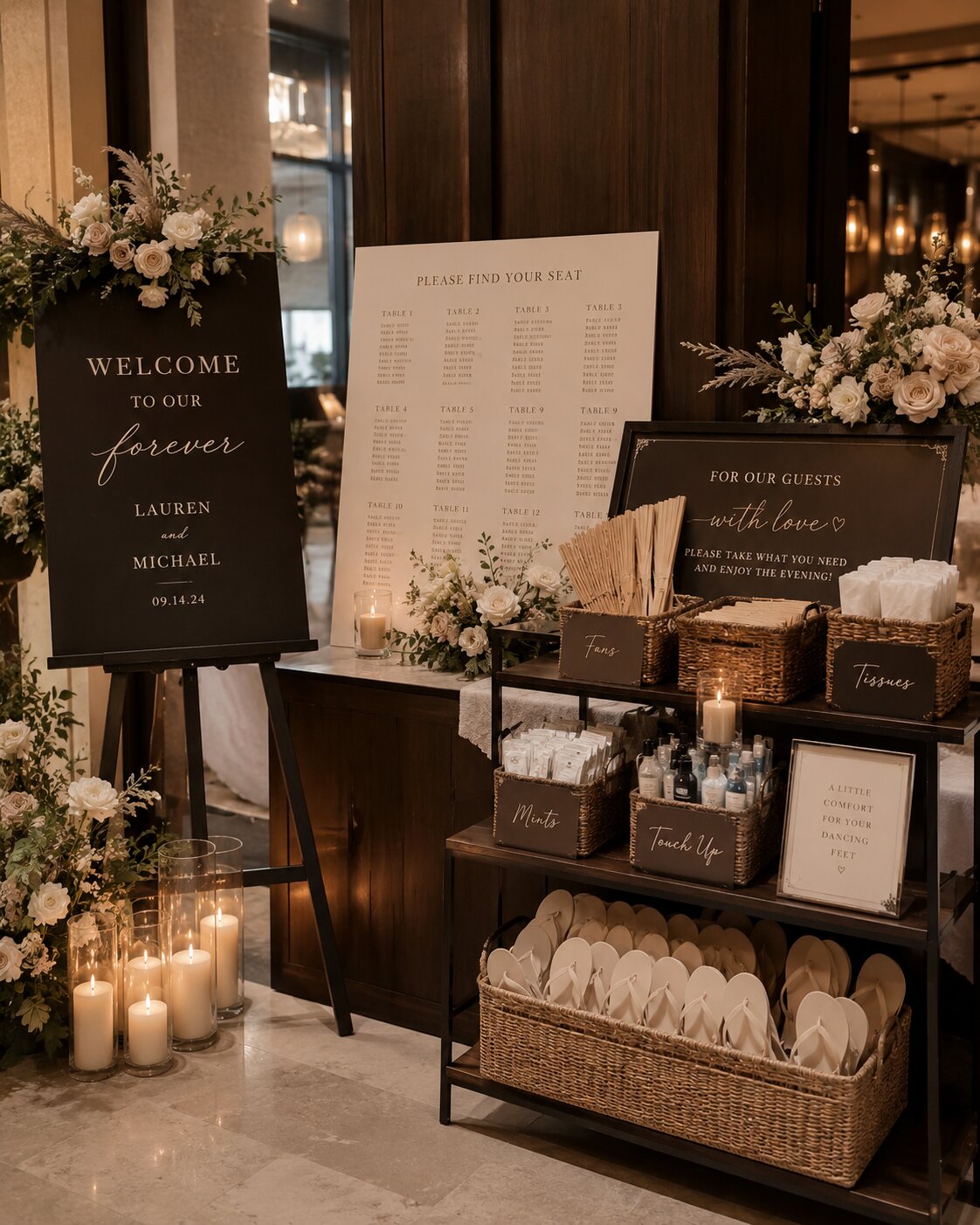 Concept visual of a guest comfort station with fans, tissues and touch-up items, Bon Paradise wedding design concept