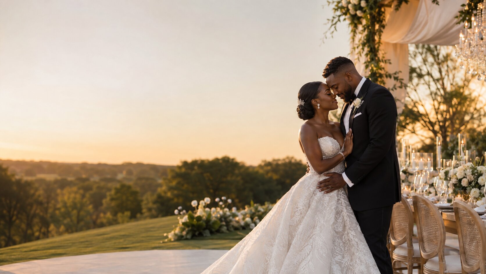 Concept visual of a bride and groom at golden hour, Bon Paradise wedding design concept