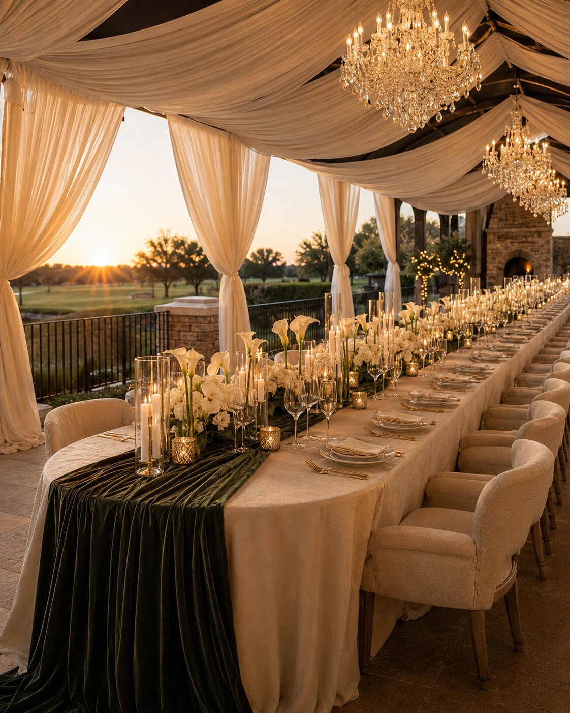 Concept visual of a long reception table with chandeliers, candlelight and calla lilies, Bon Paradise wedding design concept