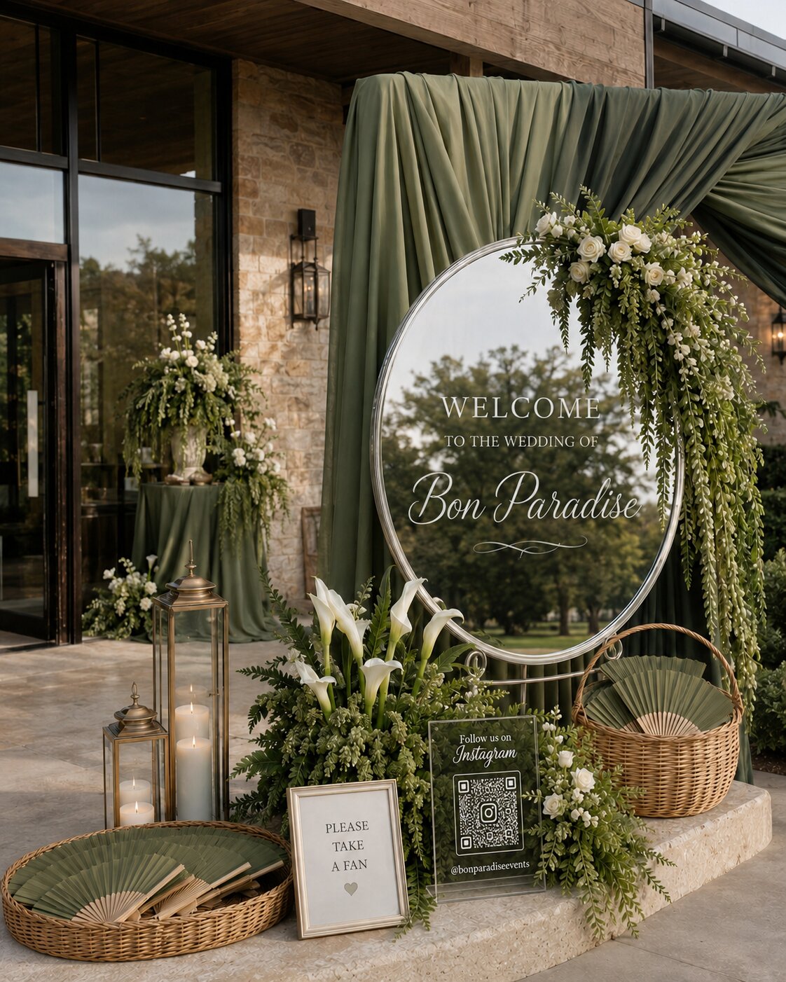 Concept visual: welcome mirror display with sage draping and calla lilies, Bon Paradise wedding design concept