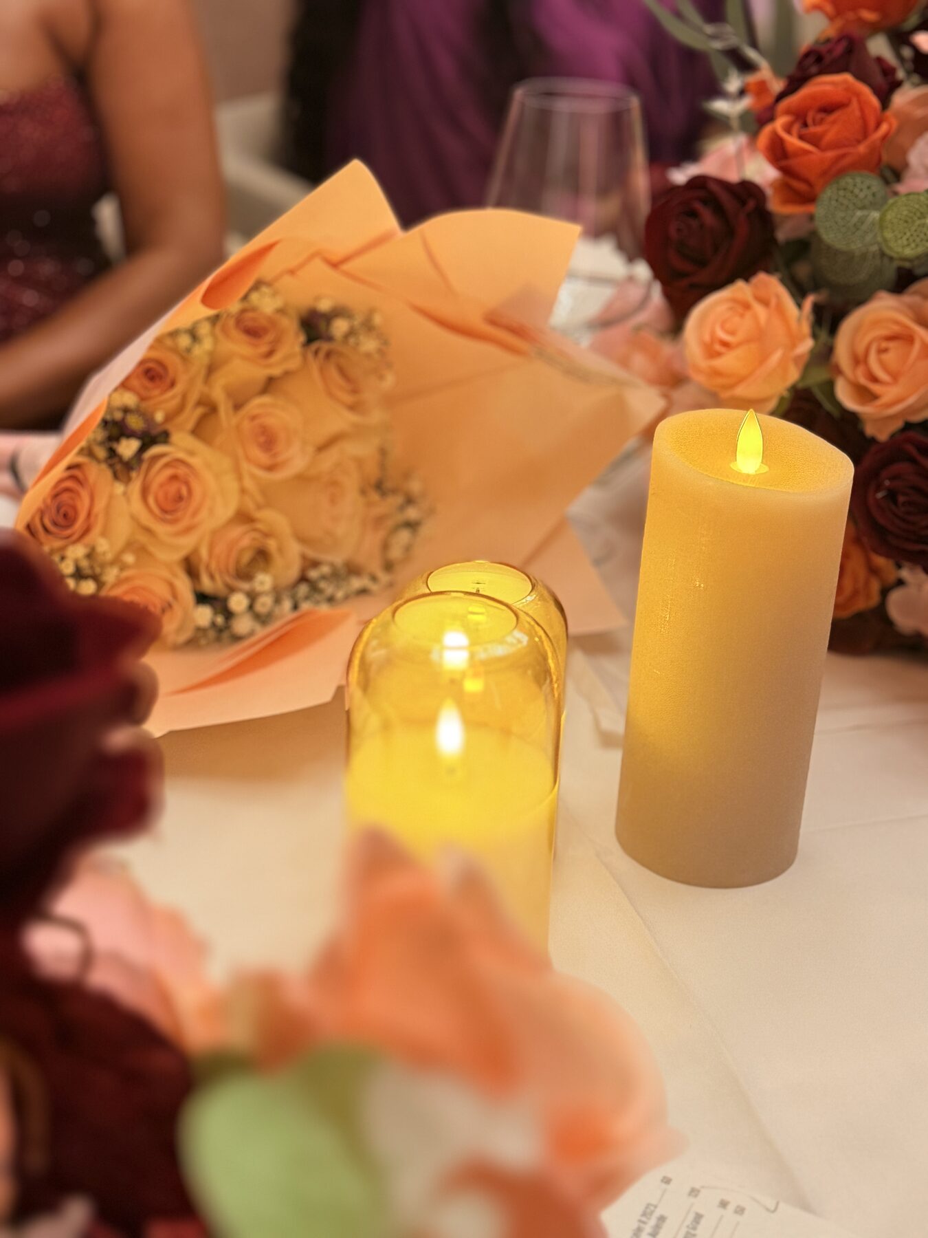 Candlelit floral centerpiece detail
