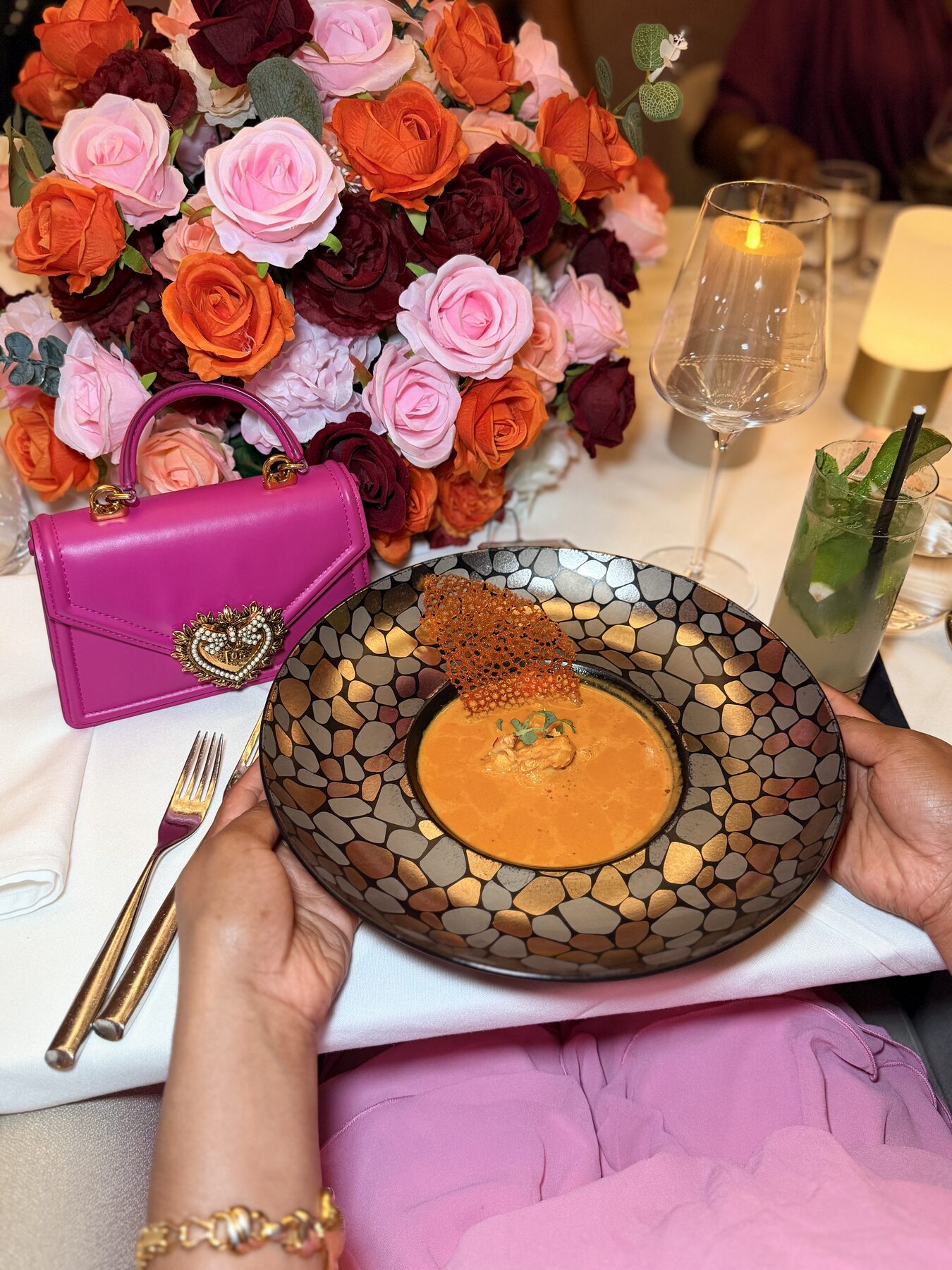 Fine dining course presentation at a private birthday dinner