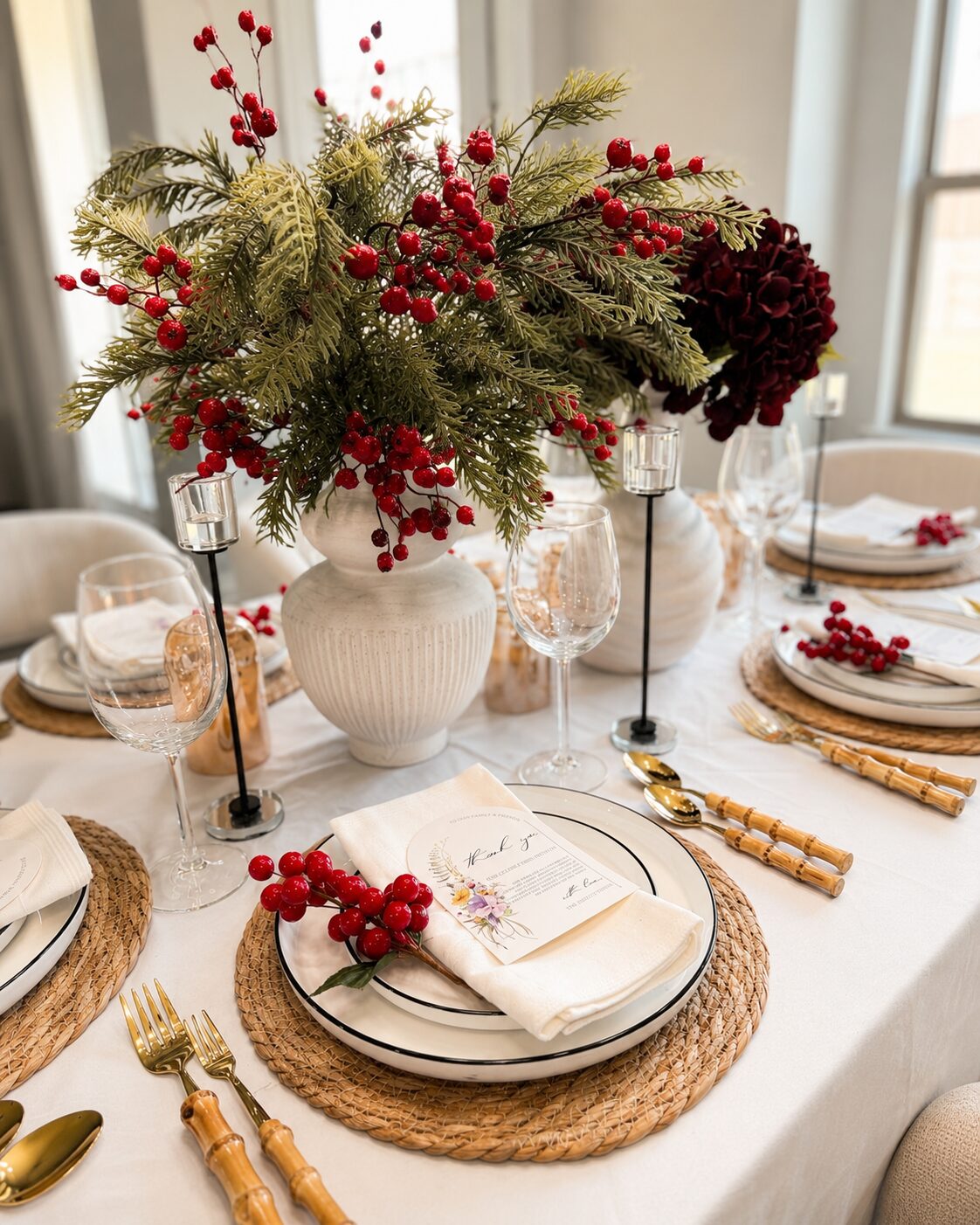 Place setting with rattan charger, berries and thank you card