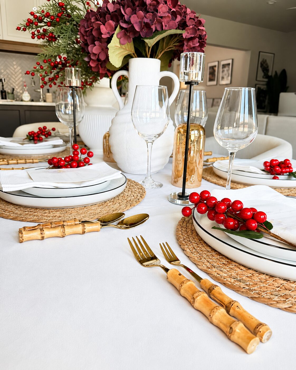 Gold bamboo flatware and berry detail