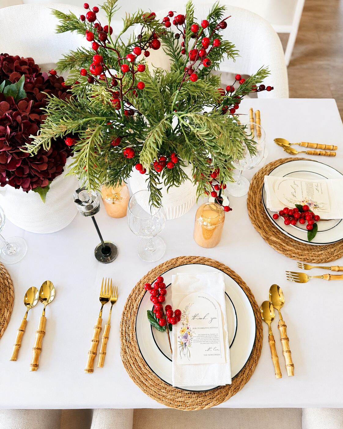 Elegant styled place setting with berries and thank you card, designed by Bon Paradise