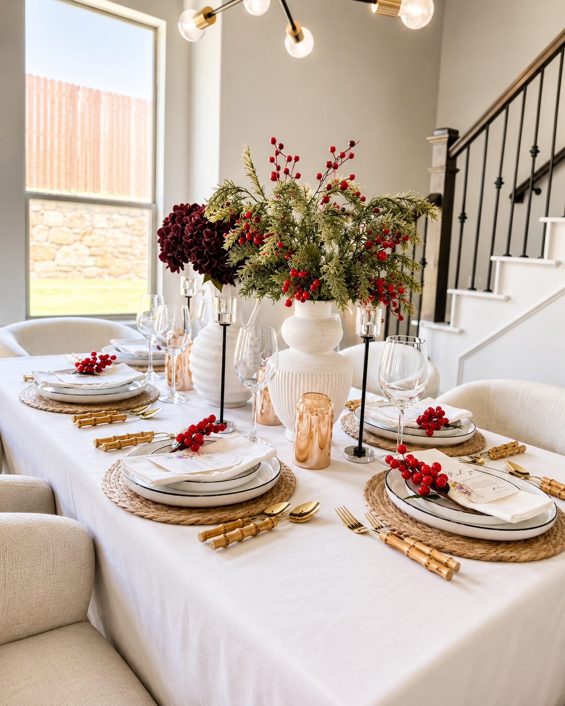 Elegant white and burgundy tablescape with evergreen and berry centerpiece