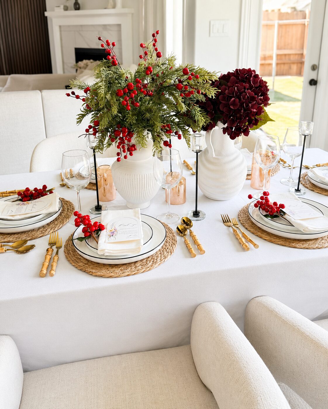 Elegant dining room tablescape with fireplace in the background